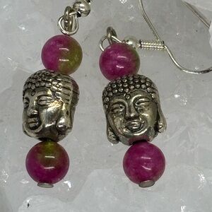 Buddha Silver & Watermelon Quart Pink Green Authentic Stone Bead Earrings